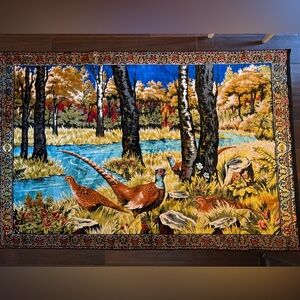 Vintage velvet forest scenery tapestry with pheasants